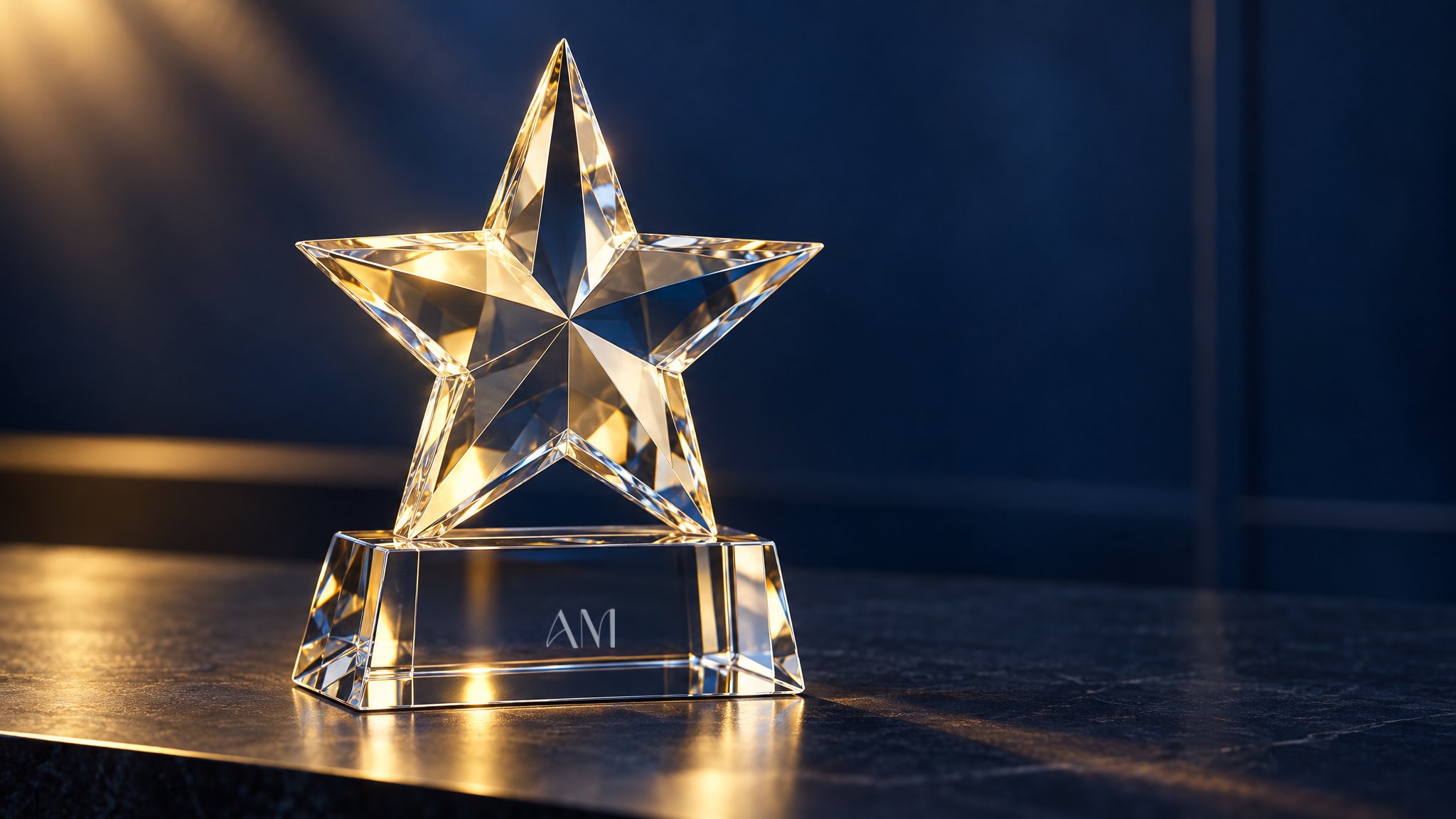 A faceted crystal star award on a crystal base etched with the Award Maven mark, lit in warm gold against a navy background