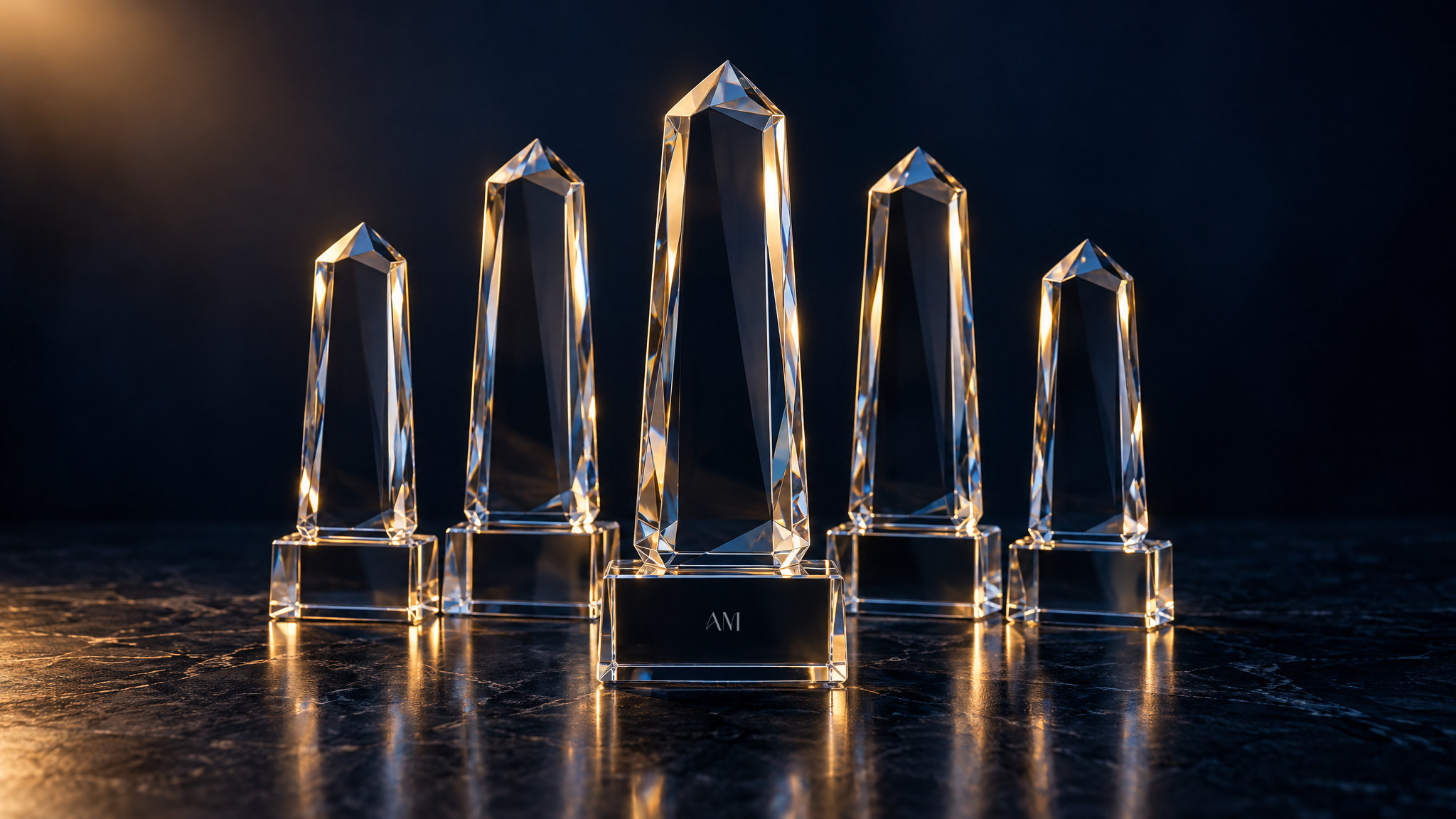 Five faceted crystal awards standing together, the front one etched with the Award Maven mark, lit in warm gold against navy
