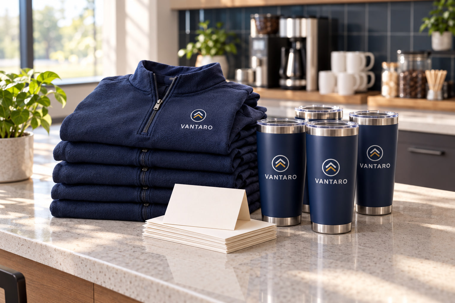 Stack of navy quarter-zip pullovers and tumblers with an example logo on a break room counter