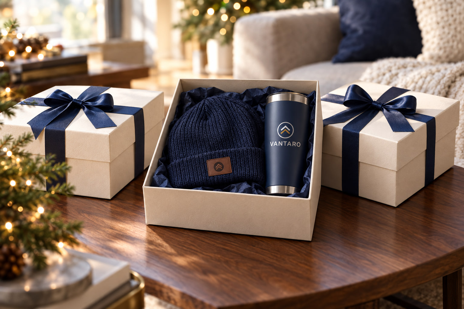 Holiday gift boxes with navy ribbon, one open to show a knit beanie and a tumbler with an example logo
