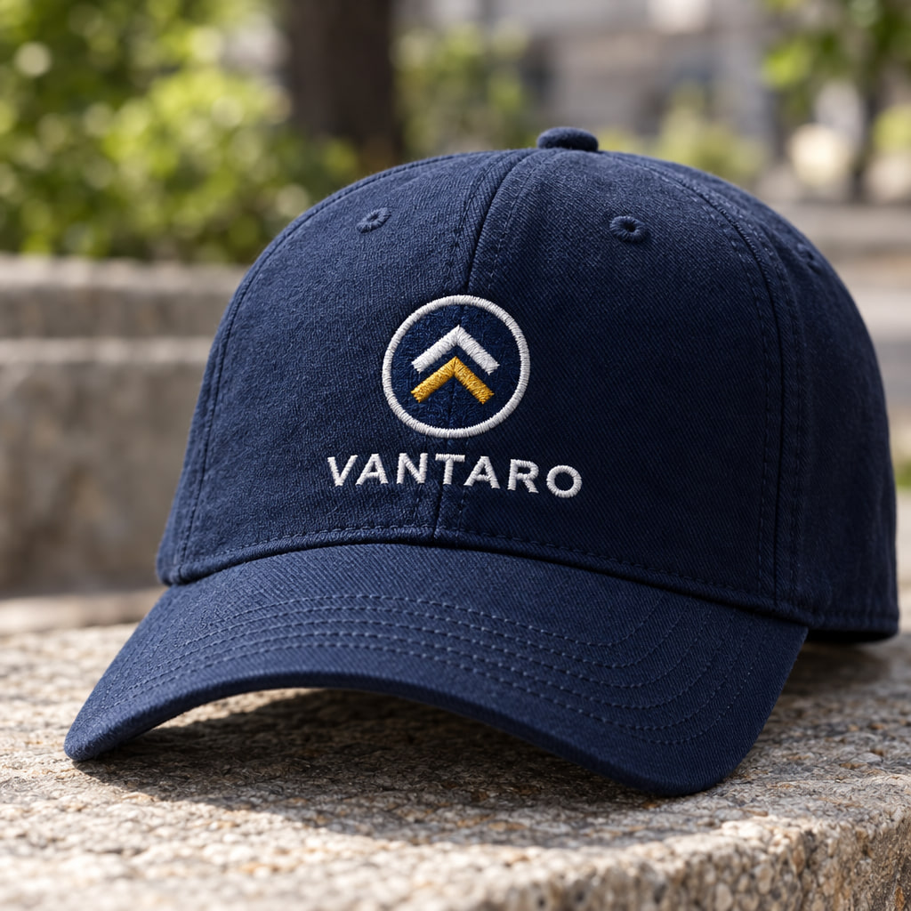Example logo embroidered on the front of a navy cap