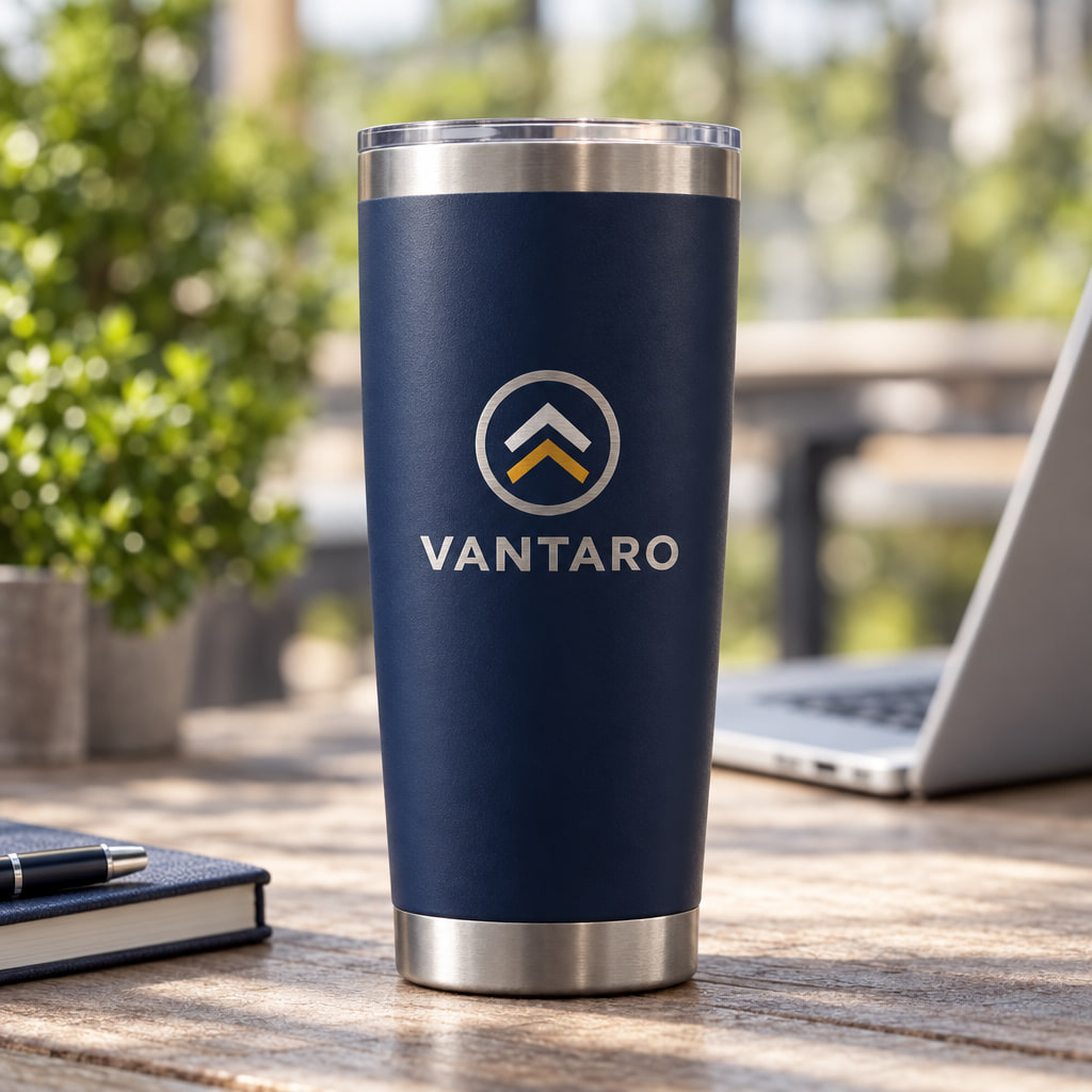 Example logo laser-engraved on a navy stainless steel tumbler