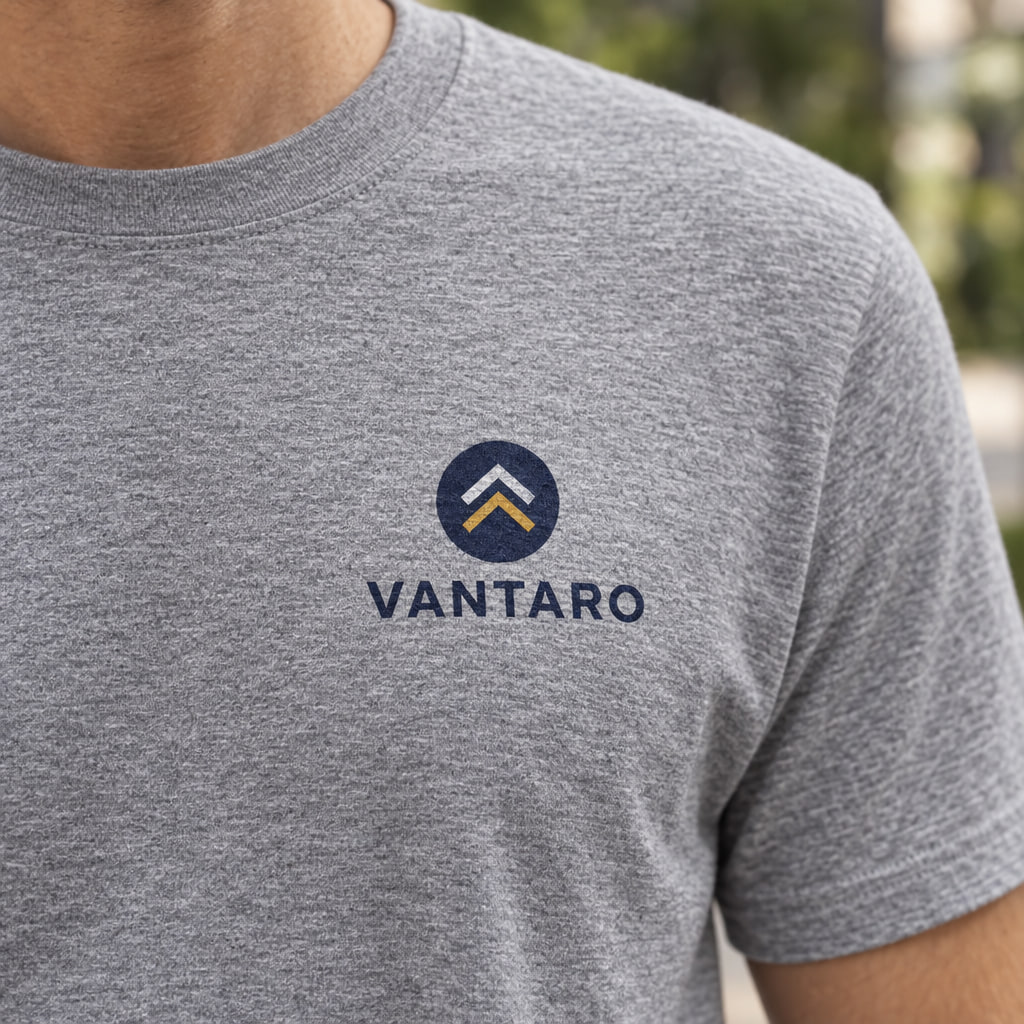 Example logo screen-printed on the left chest of a grey t-shirt