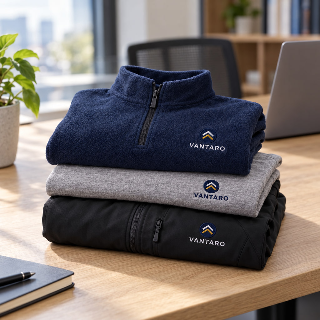 A folded quarter-zip, t-shirt and jacket with an example logo on the left chest