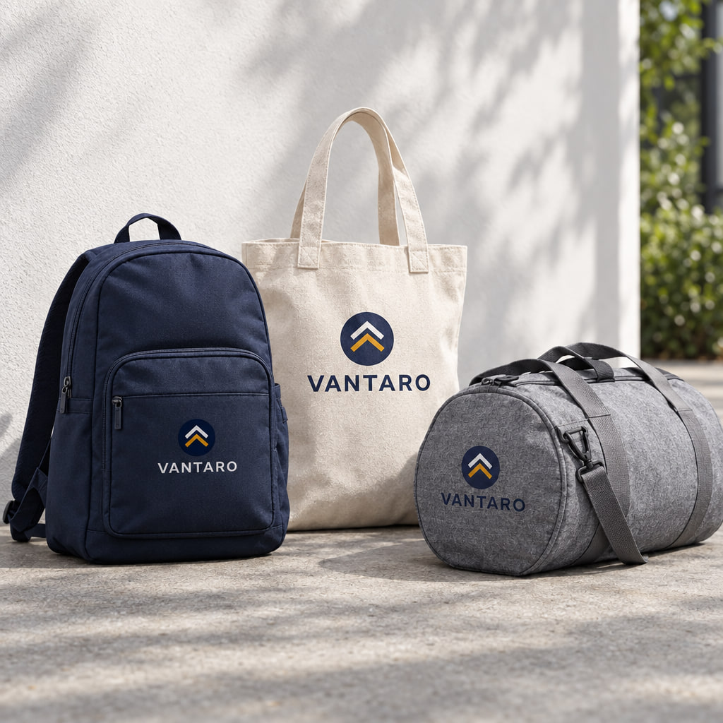 A navy backpack, canvas tote and grey duffel each carrying an example logo