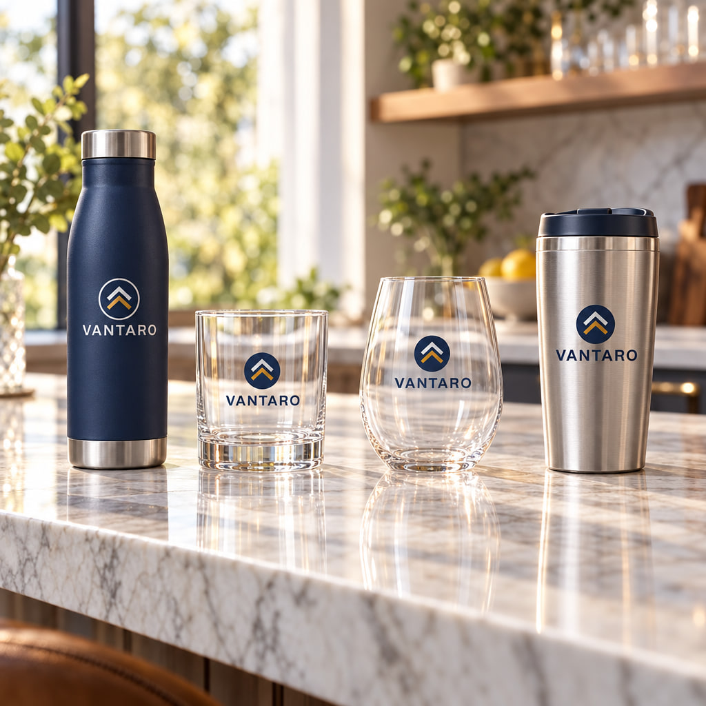 A bottle, two glasses and a travel mug on a marble bar, each with an example logo
