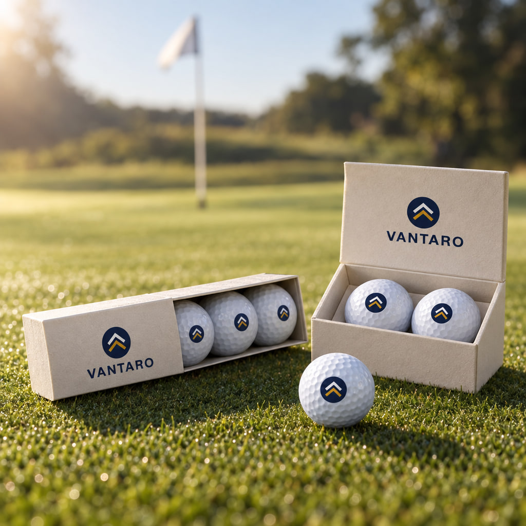 A sleeve and box of white golf balls printed with an example logo on a putting green