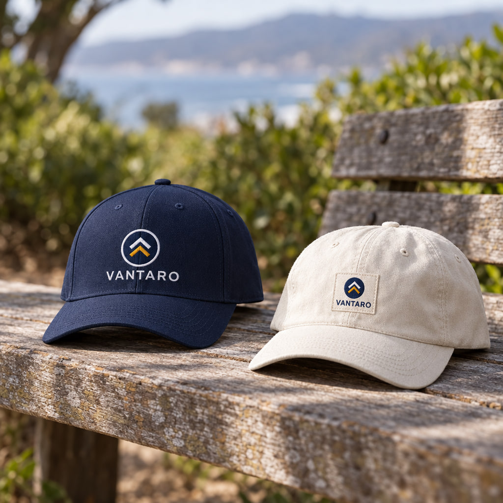 A navy embroidered cap and a cream cap with a woven patch, both with an example logo