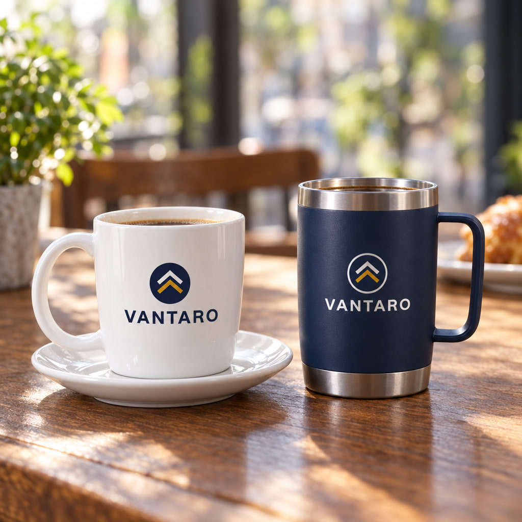 A white ceramic mug and a navy insulated mug printed with an example logo