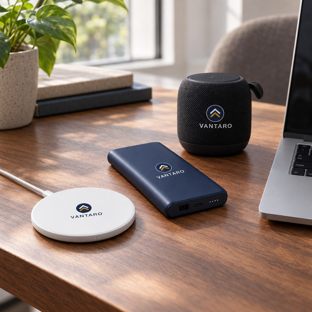 A wireless charger, power bank and speaker on a desk, each with an example logo