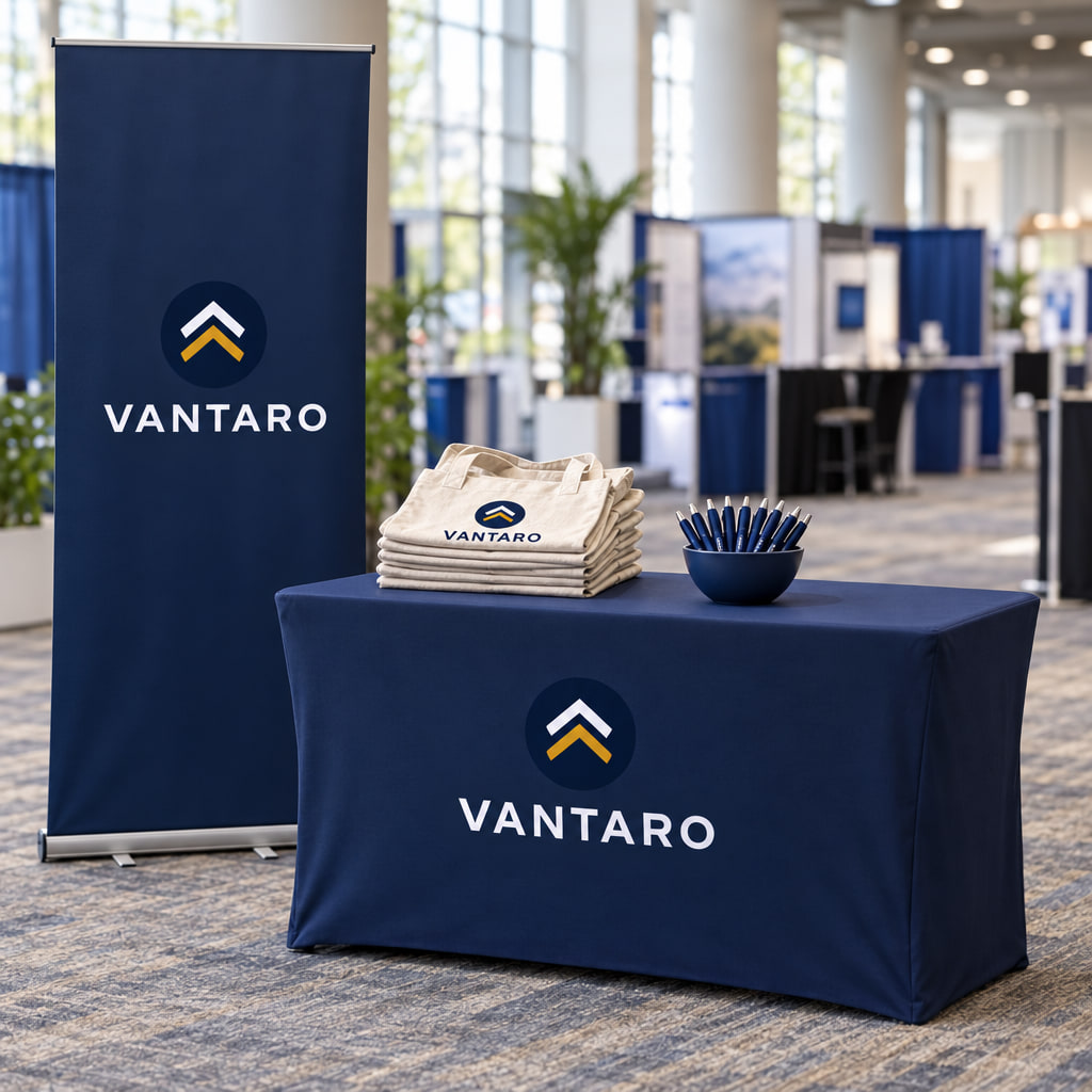 A navy banner stand and table cover with an example logo at a trade show booth