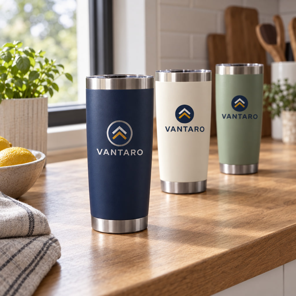 Three insulated tumblers in navy, cream and green engraved with an example logo