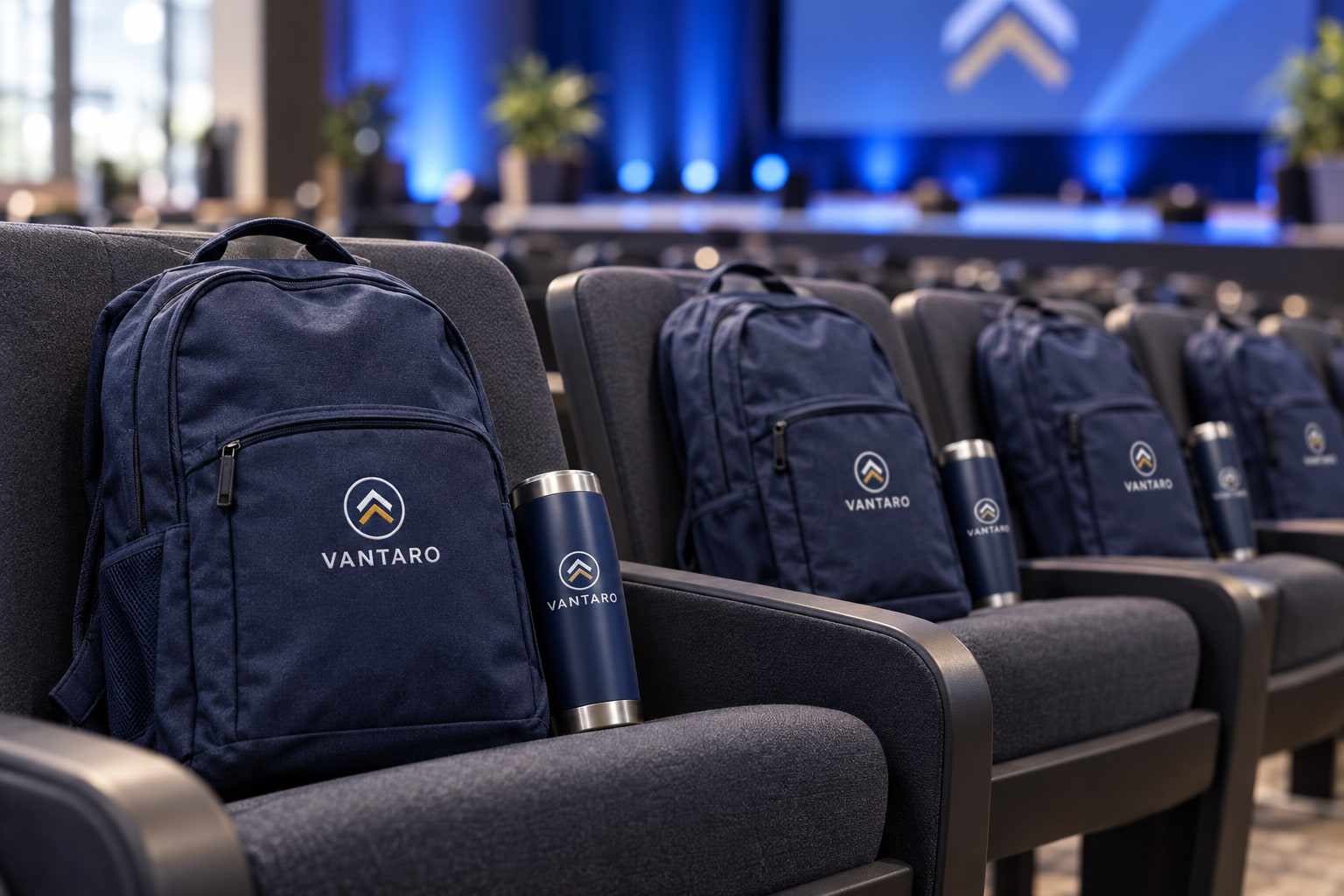 Row of auditorium seats each holding a backpack and water bottle with an example logo