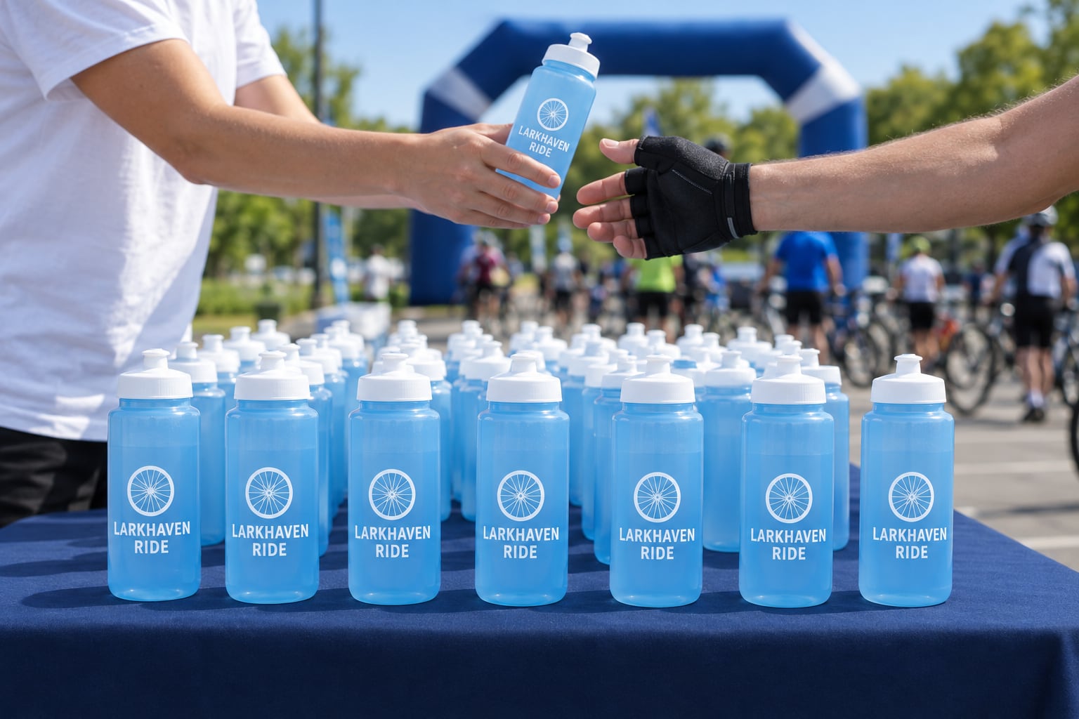A volunteer hands a rider a light blue squeeze bottle printed with a charity ride's logo, from rows of matching bottles on a check-in table