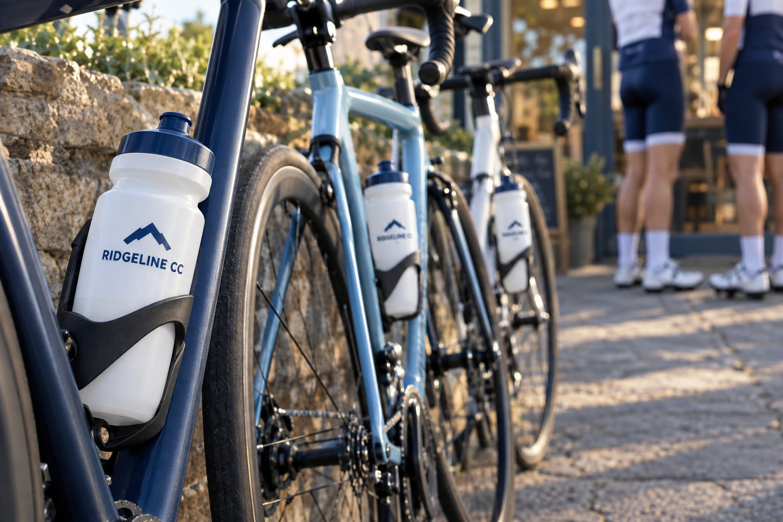 Road bikes against a stone wall outside a cafe, each with a white squeeze bottle printed with a cycling club's logo in its bottle cage
