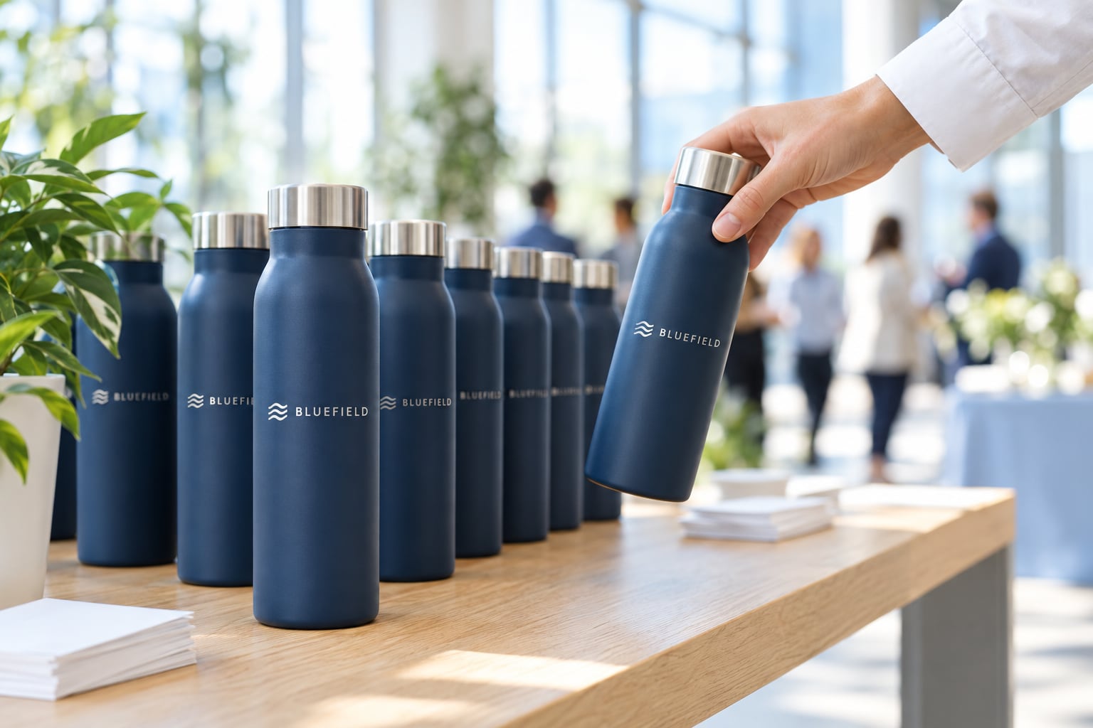 A row of navy insulated water bottles printed with a white company logo on a welcome table at an office event, one lifted by a guest