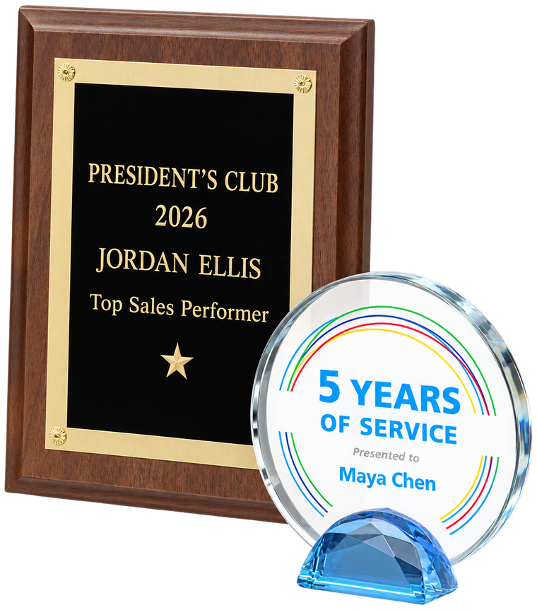 Sample awards: a walnut plaque engraved President's Club 2026 for Jordan Ellis, and a round crystal award printed 5 Years of Service for Maya Chen. The names and wording are examples.