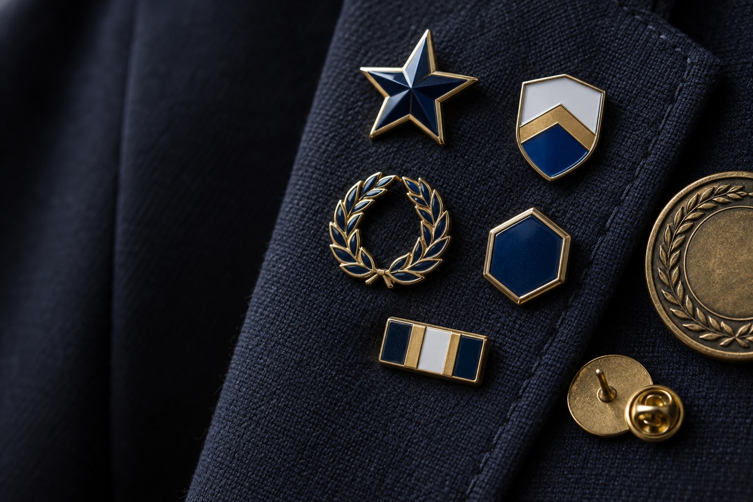 Close-up of navy, white and gold enamel lapel pins with gold edges on a navy suit lapel, a brass coin at the edge