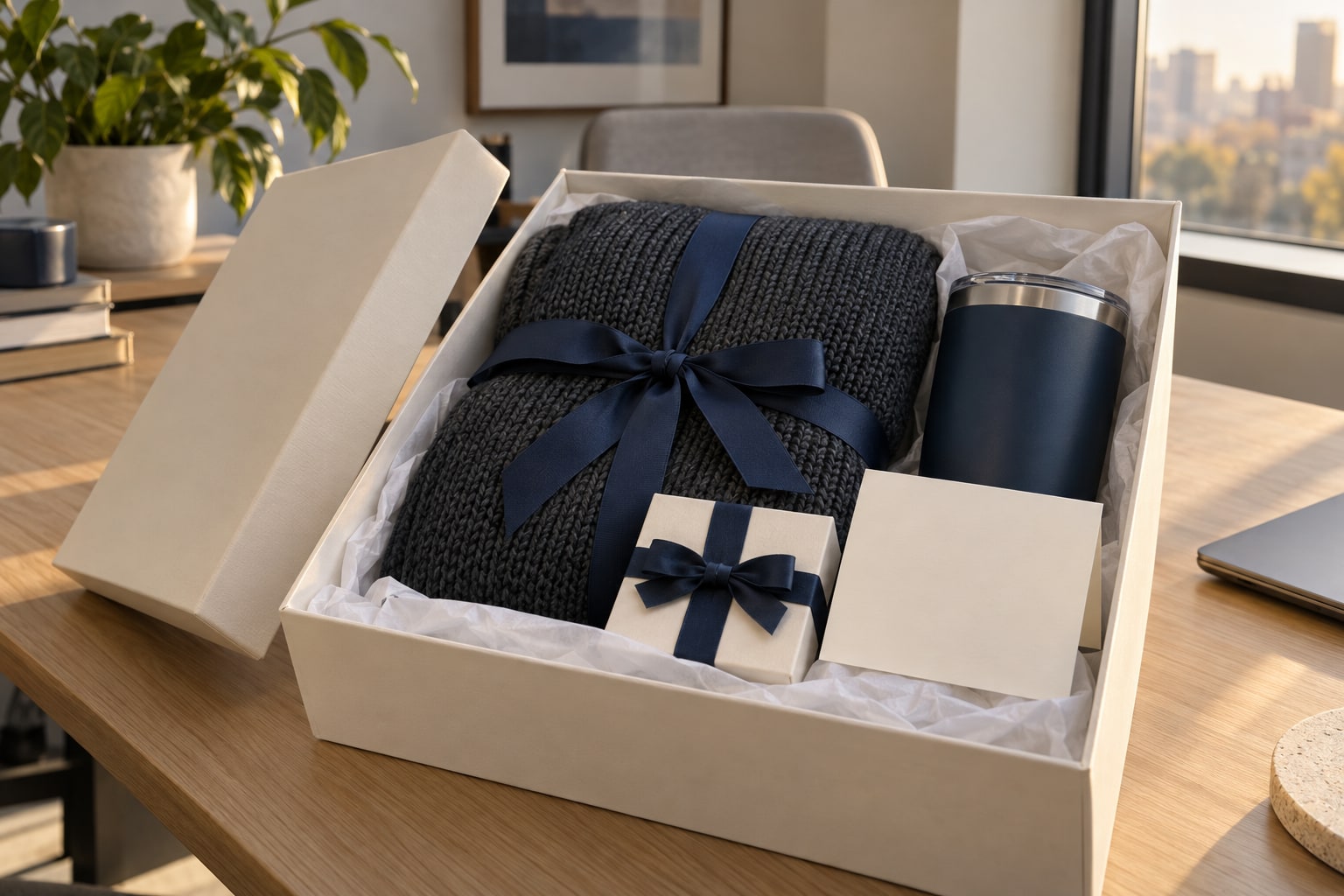 An open gift box on an office desk holding a knit blanket tied with navy ribbon, a navy tumbler, a small wrapped box and a blank card