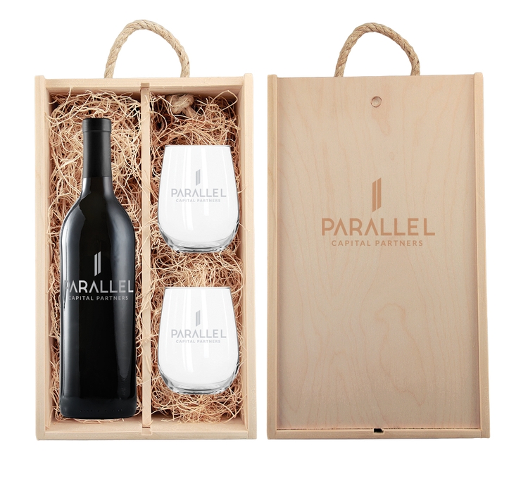 Laser-Engraved Wood Box w/Custom Etched Wine Bottle + Glasses