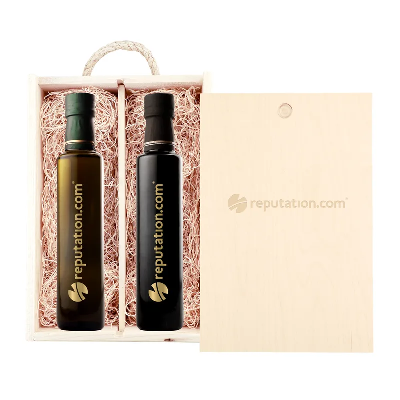 Laser-Engraved Wood Box w/250 Ml Etched Balsamic Vinegar & Olive Oil w/1 Color Fill