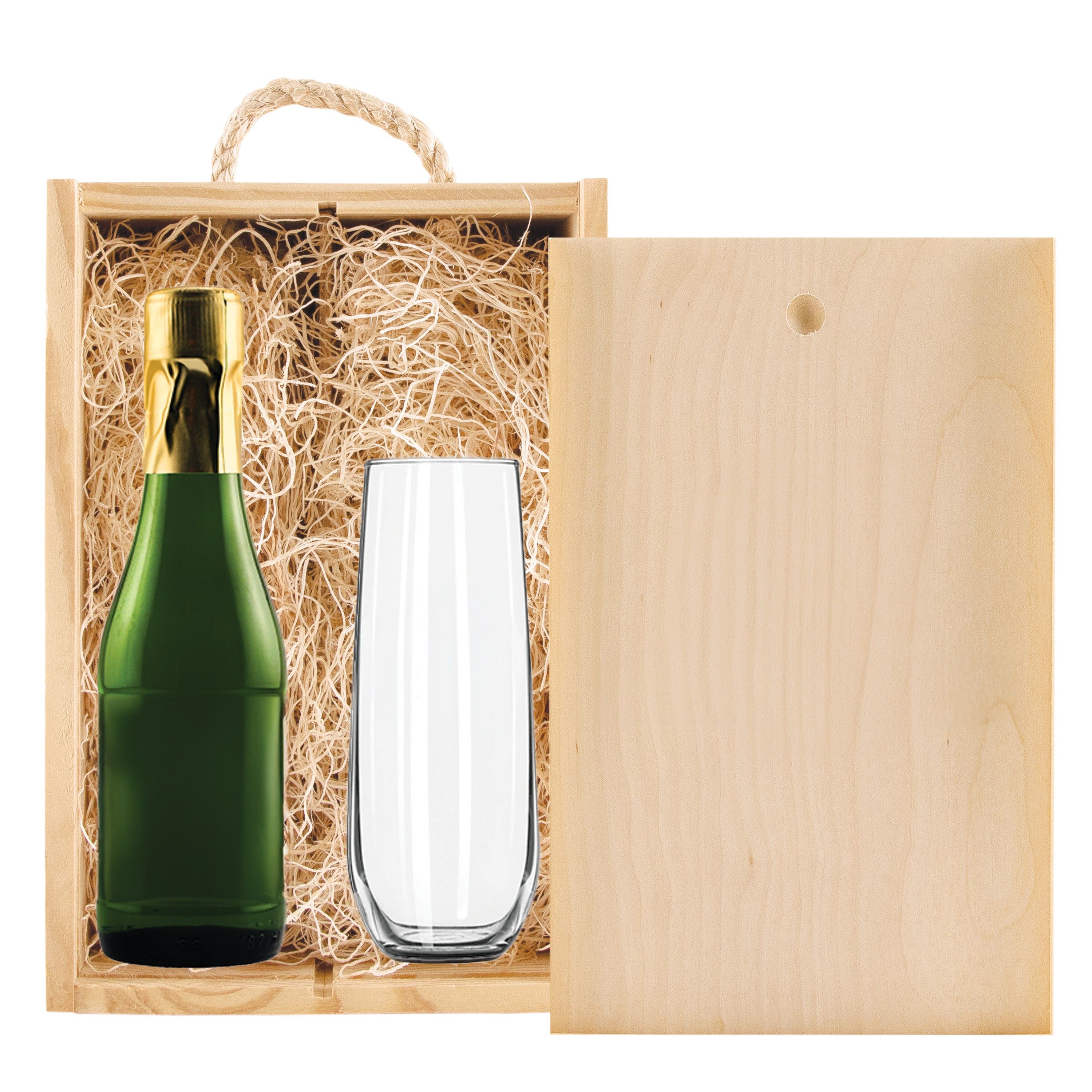 Laser-Engraved Double Half-Sized Wood Box w/Etched Mini Sparkling Wine + Flute view 2