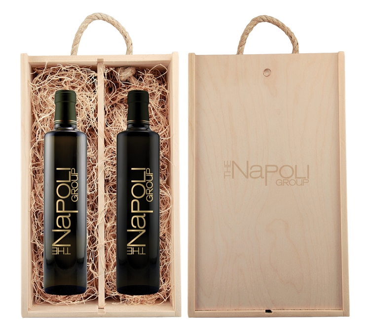 Laser-Engraved Wood Box w/Custom Etched Balsamic Vinegar + Olive Oil Bottle