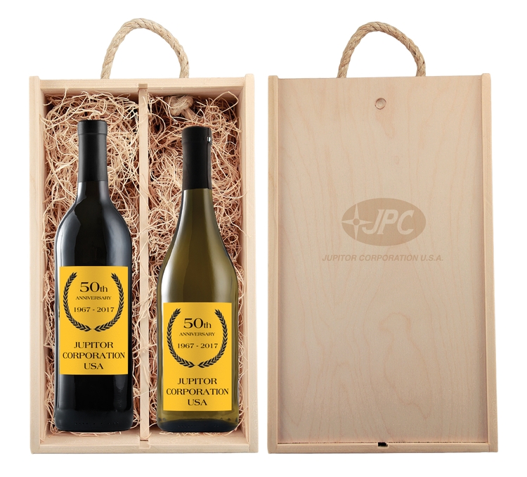 Rustic Laser-Engraved Wood Box w/Full-Color Custom Labeled Wines