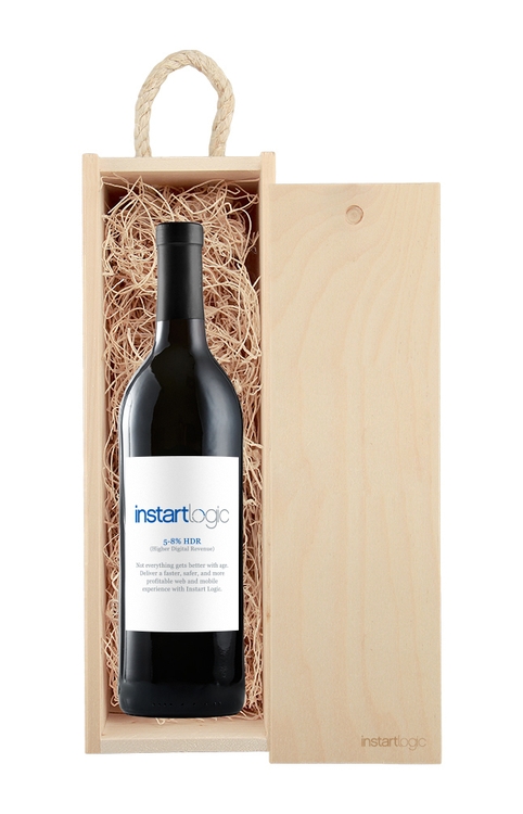 Rustic Laser-Engraved Wood Box w/Full-Color Custom Labeled Wine Bottle