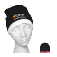 Knit Beanie With Stripe — Black With Red