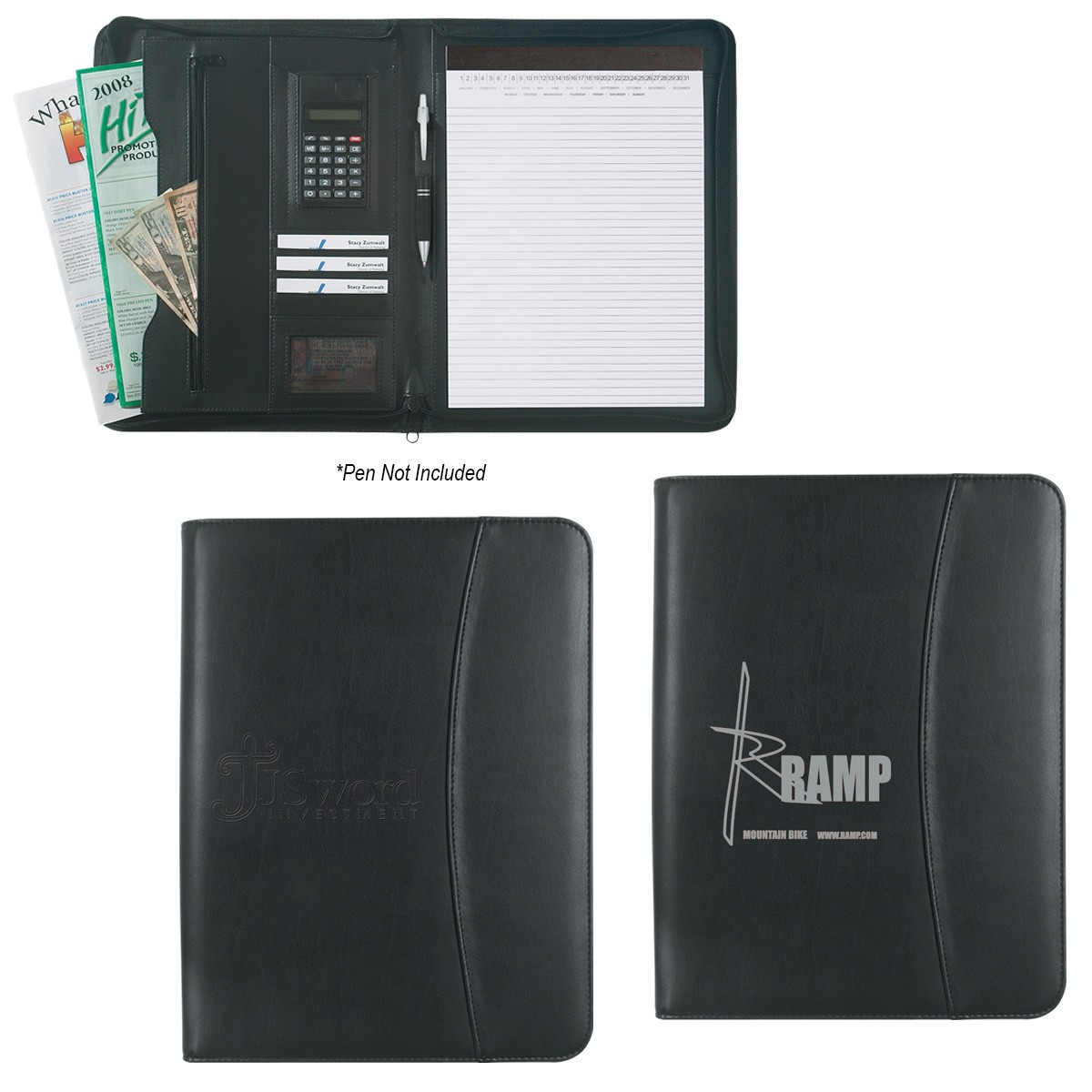 Leather Look 8 ½" X 11" Zippered Portfolio With Calculator
