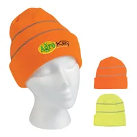 Knit Cuff Beanie With Reflective Stripes — Neon Orange