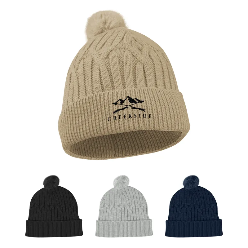 Courtney Cable Knit Rpet Pom Beanie