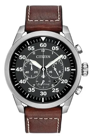 Citizen® Men's Avion Eco-Drive® Brown Leather Strap Watch w/Black Dial