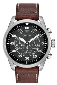 Citizen® Men's Avion Eco-Drive® Brown Leather Strap Watch w/Black Dial