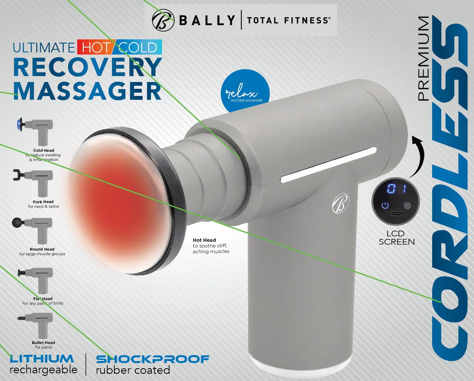 Health, Beauty & Fitness Bally Cordless Rechargeable Hot/Cold Percussion Massager Gun - Gray