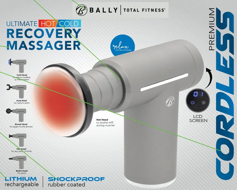 Health, Beauty & Fitness Bally Cordless Rechargeable Hot/Cold Percussion Massager Gun - Gray