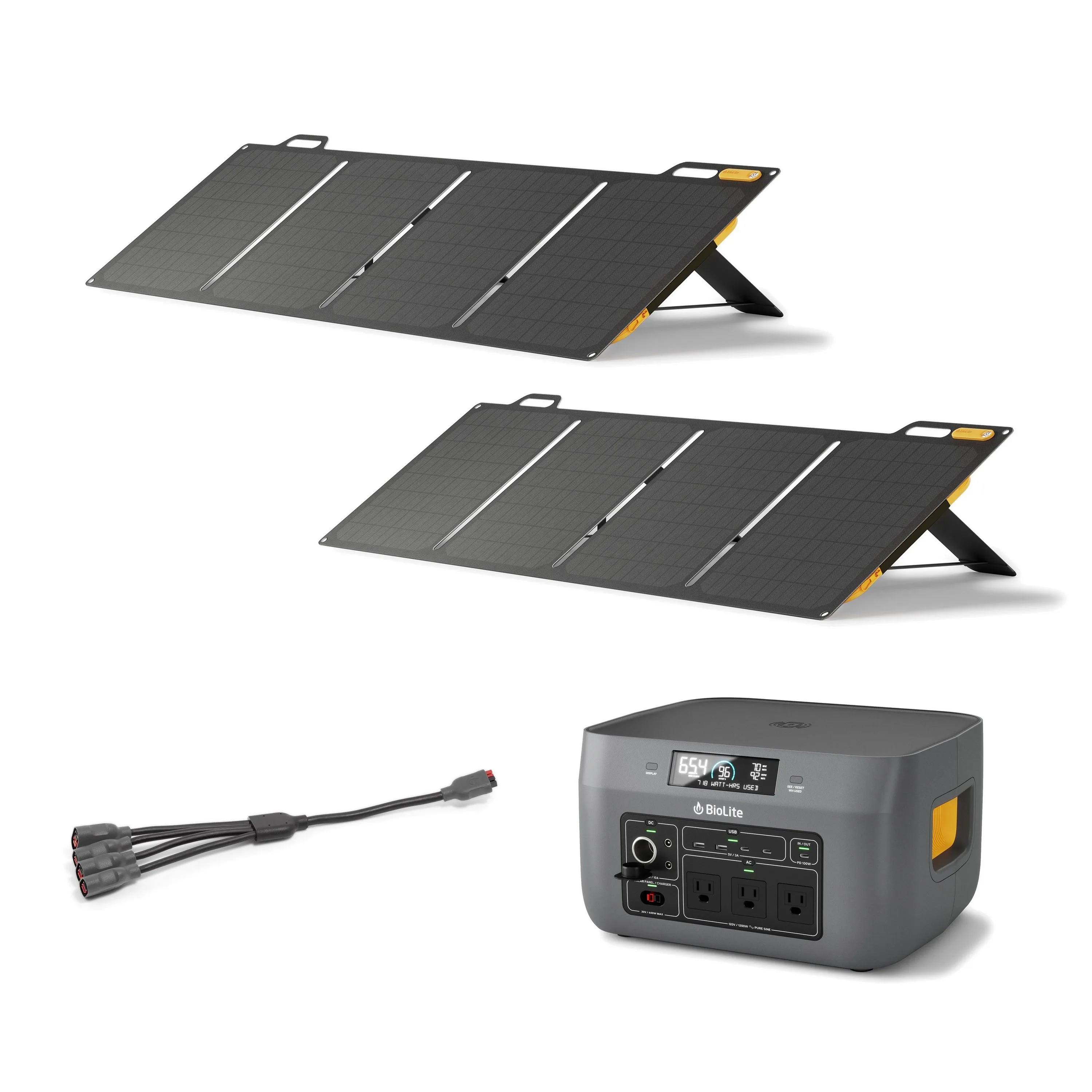 BioLite Solar Generator "Mid" Kit - Basecharge 1500 (2) Solarpanel 100 Chaining Cable
