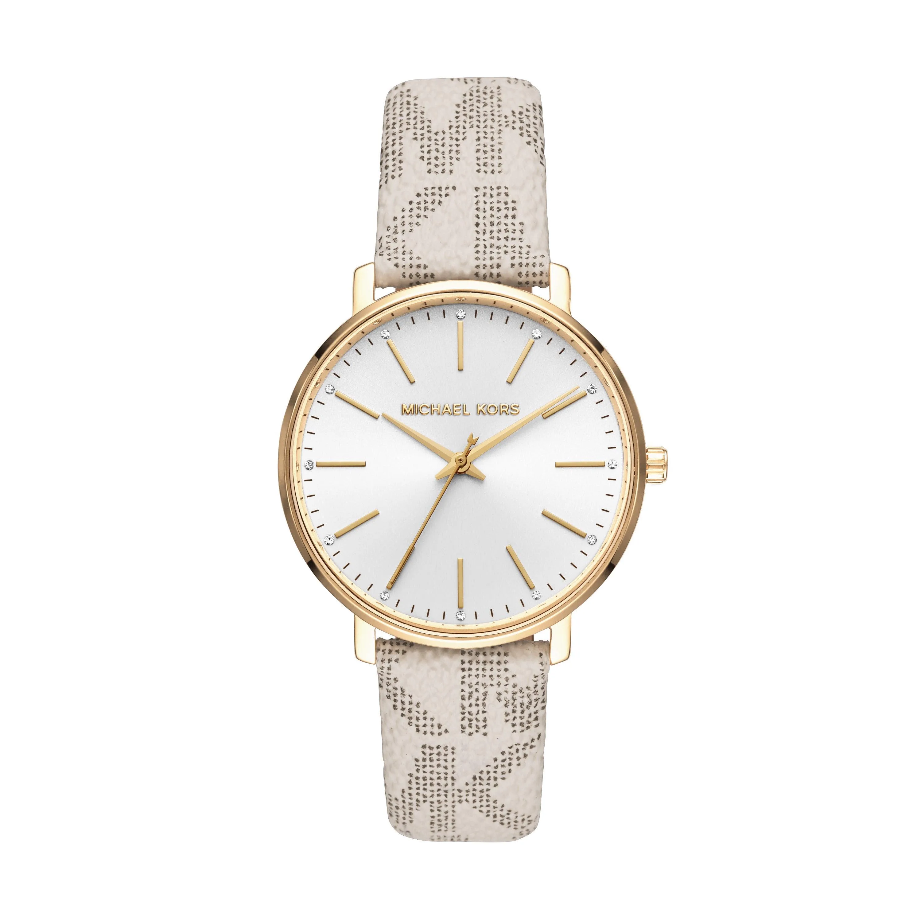 Michael Kors Ladies Pyper White Logo Leather Strap White Dial Watch