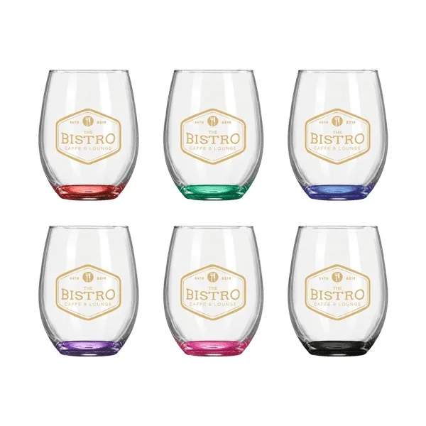 Wine O'Clock 9oz ARC Stemless Wine Glass C8832 with Color Bottom view 2