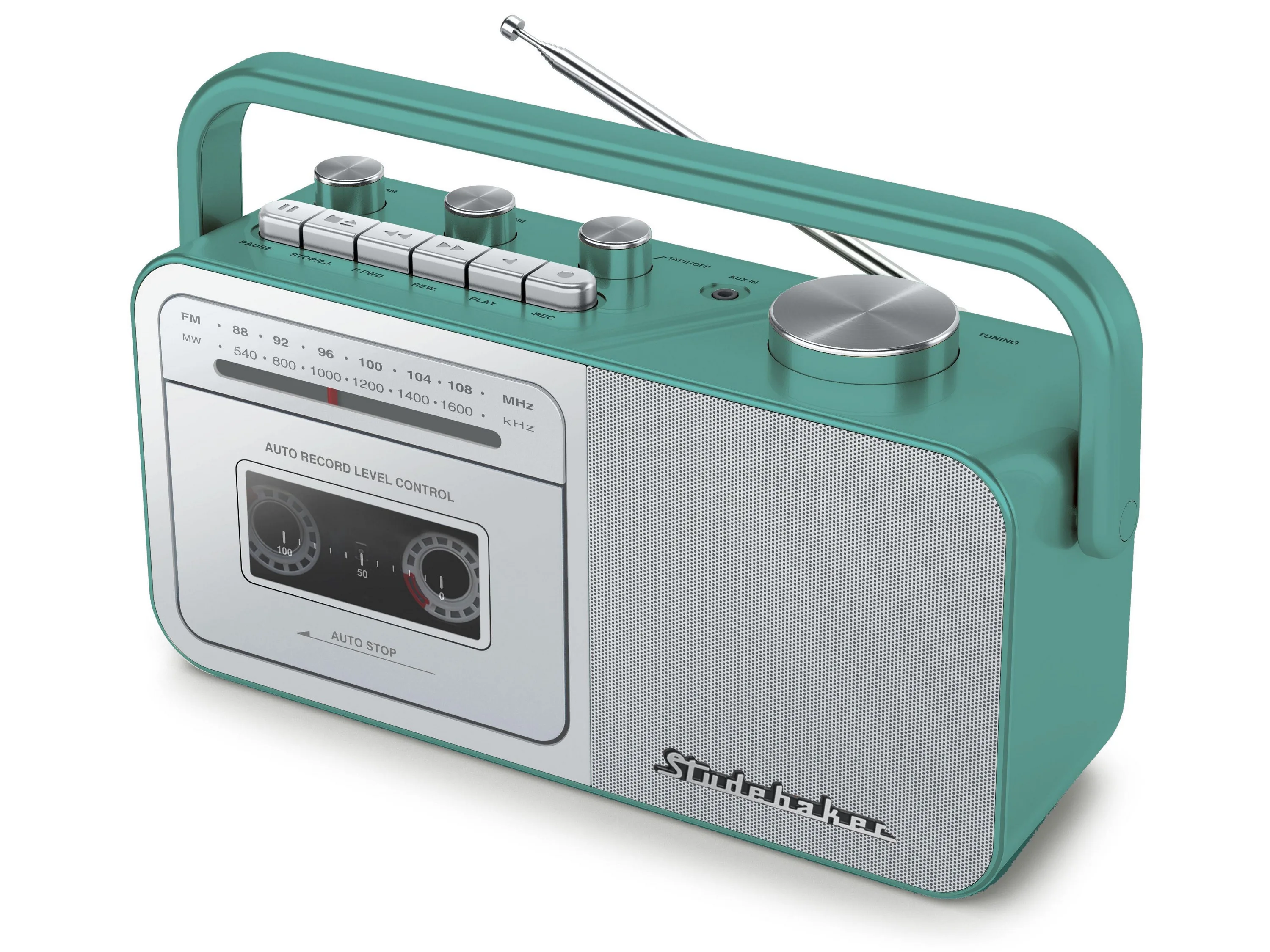Studebaker Teal Green/Silver Auto Stop Cassette Player w/AM/FM Radio
