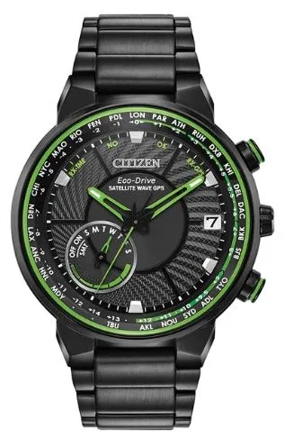 Citizen® Men's Eco-Drive® Satellite Wave GPS Black Stainless Steel Watch w/Green Accents