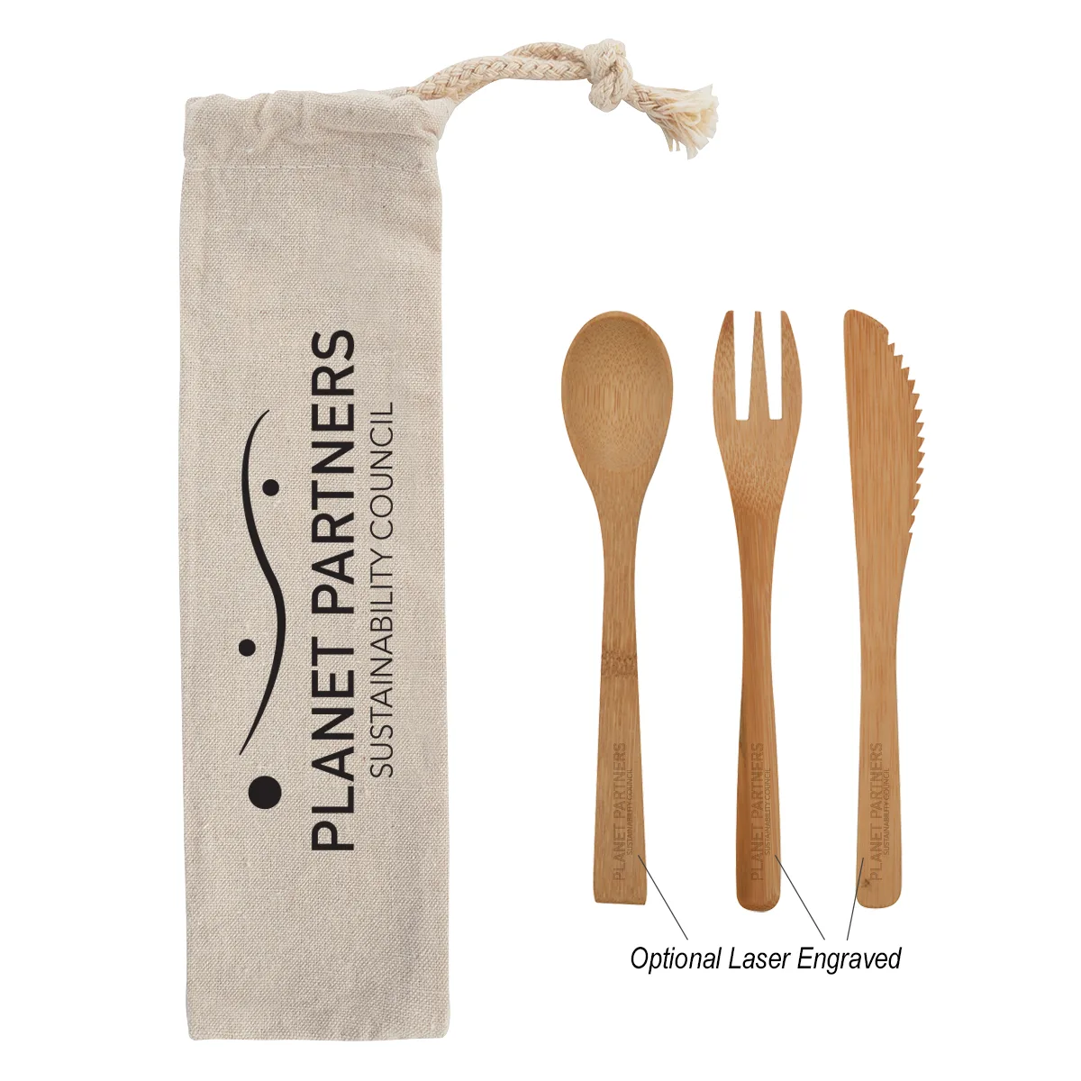 3 Piece Bamboo Utensil Set In Travel Pouch view 2