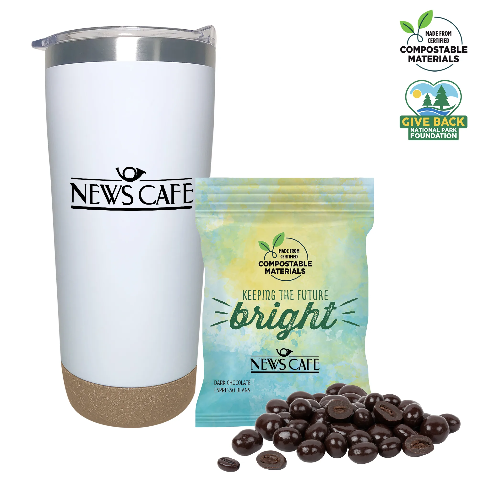 Double Wall Tumbler w/Compostable bag of Dark Choc Espresso Beans view 2