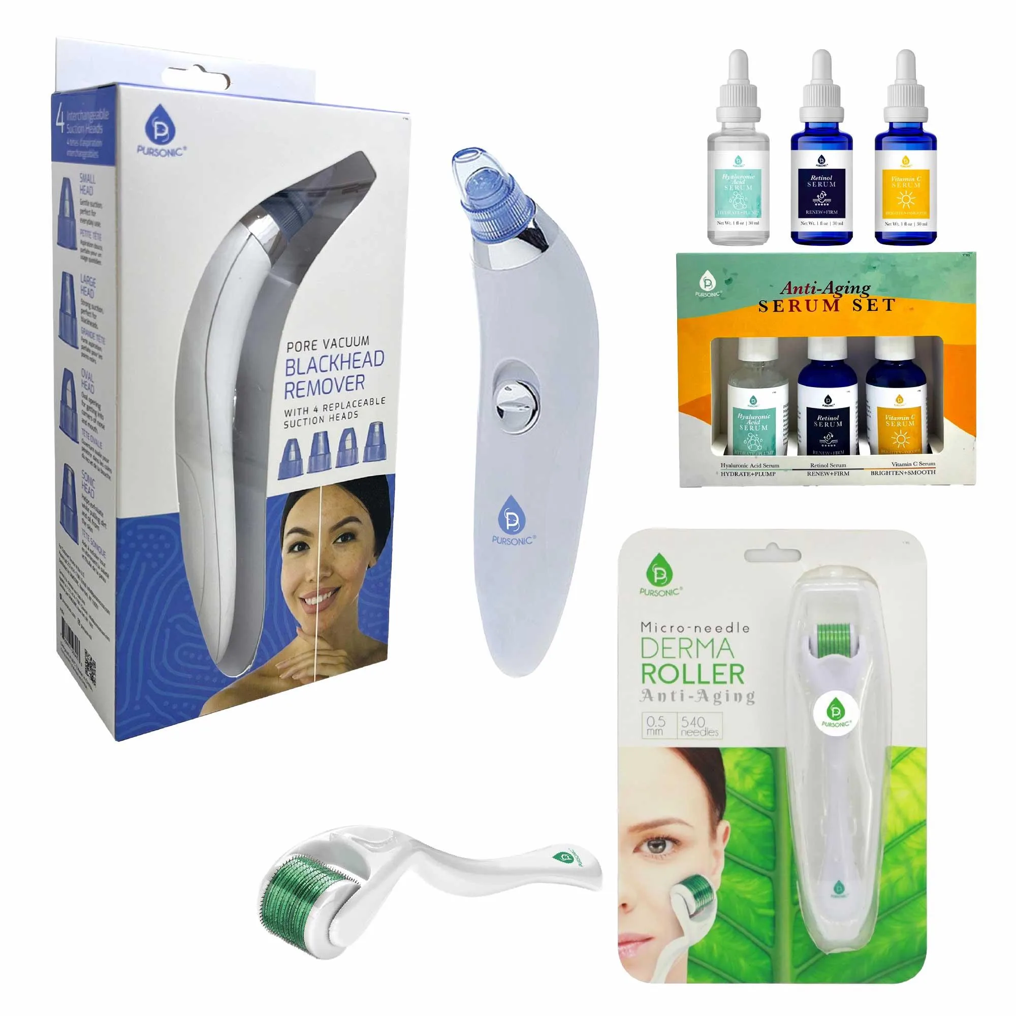 Pursonic Ultimate Rejuvenation Bundle: Derma Roller, Pore Vacuum Blackhead Remover, Anti-Aging Serum
