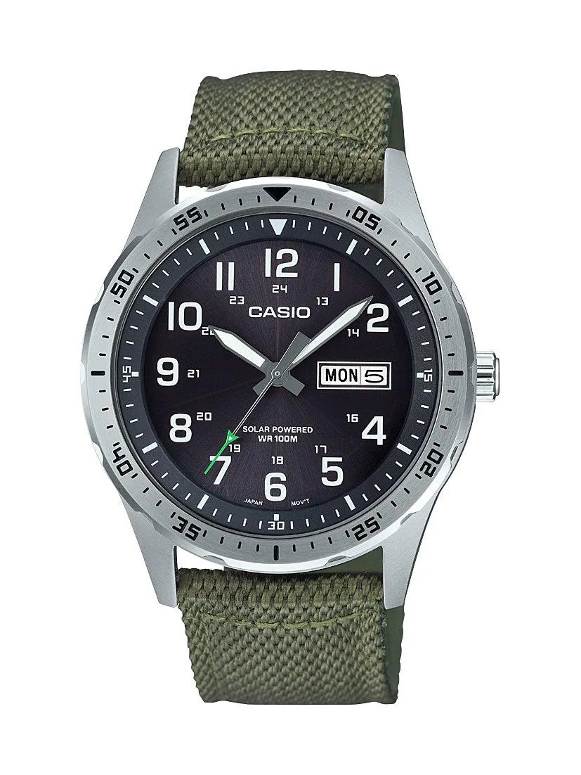Casio Mens Classic Diver Inspired Analog Green Solar Nylon Watch Black Dial
