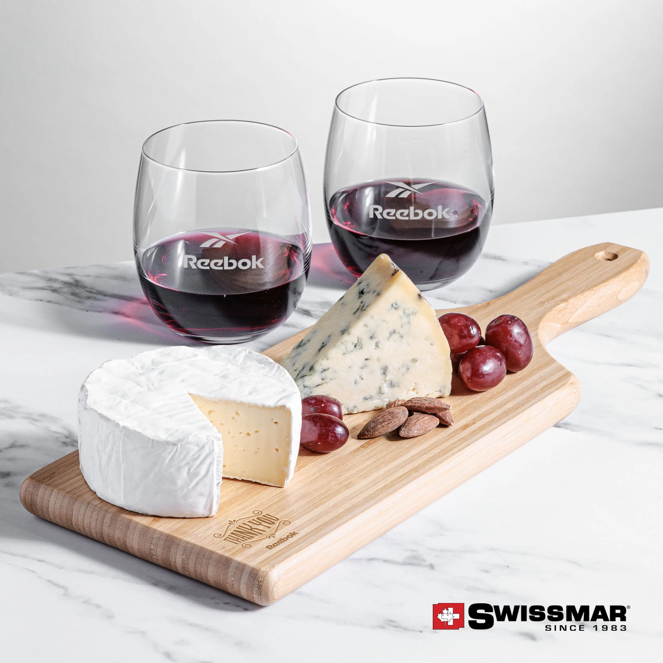 Swissmar® Bamboo Board & 2 Stemless Wine