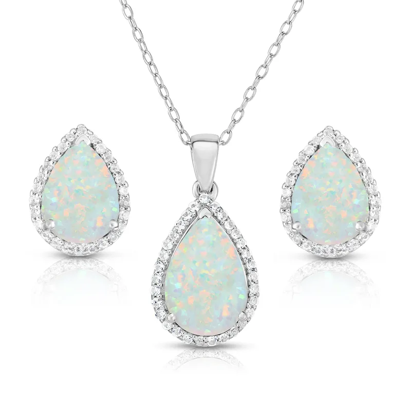 Jilco Inc Sterling Silver Opal Earrings & Necklace Set