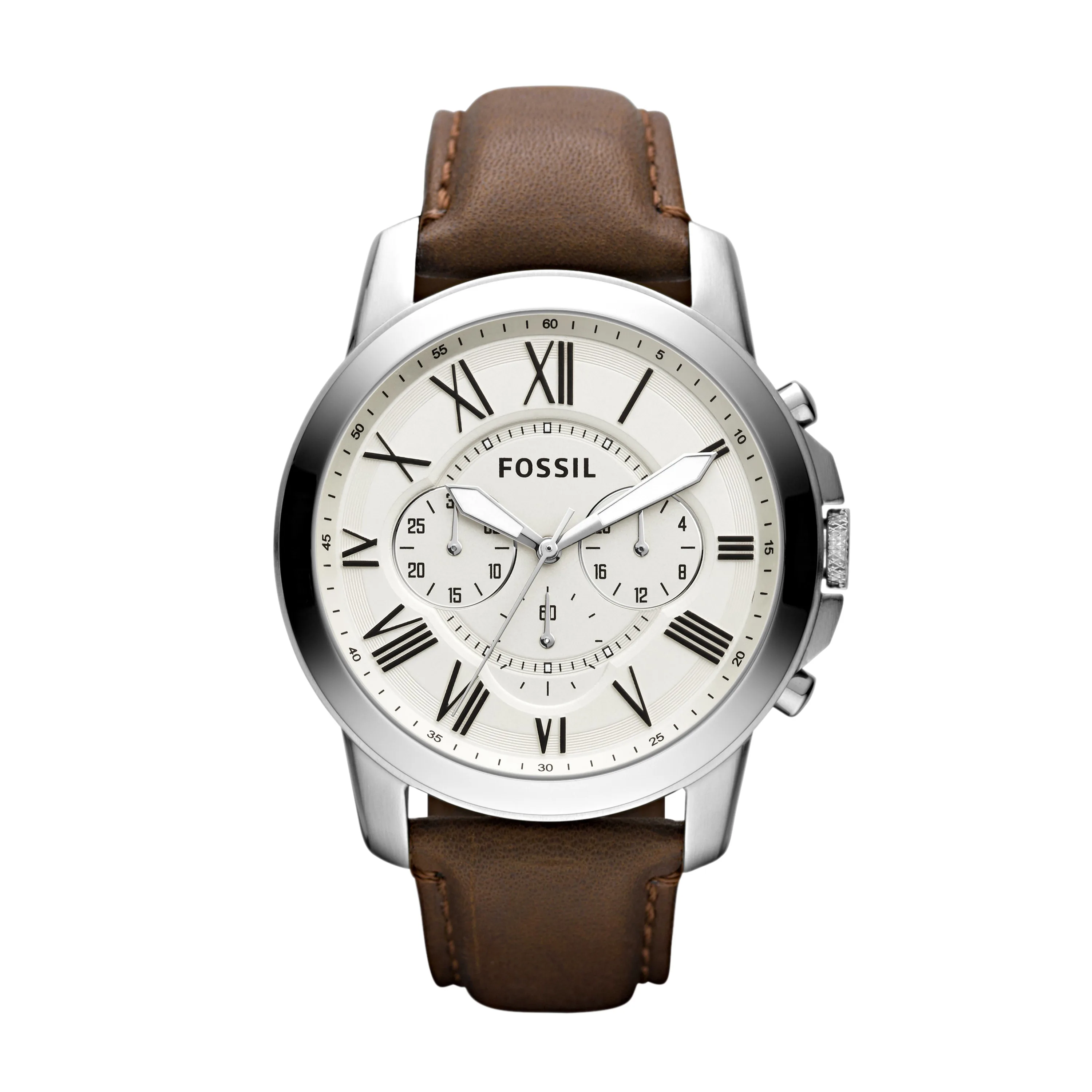 Fossil Mens Grant Brown Leather Strap Watch Egg Shell Dial