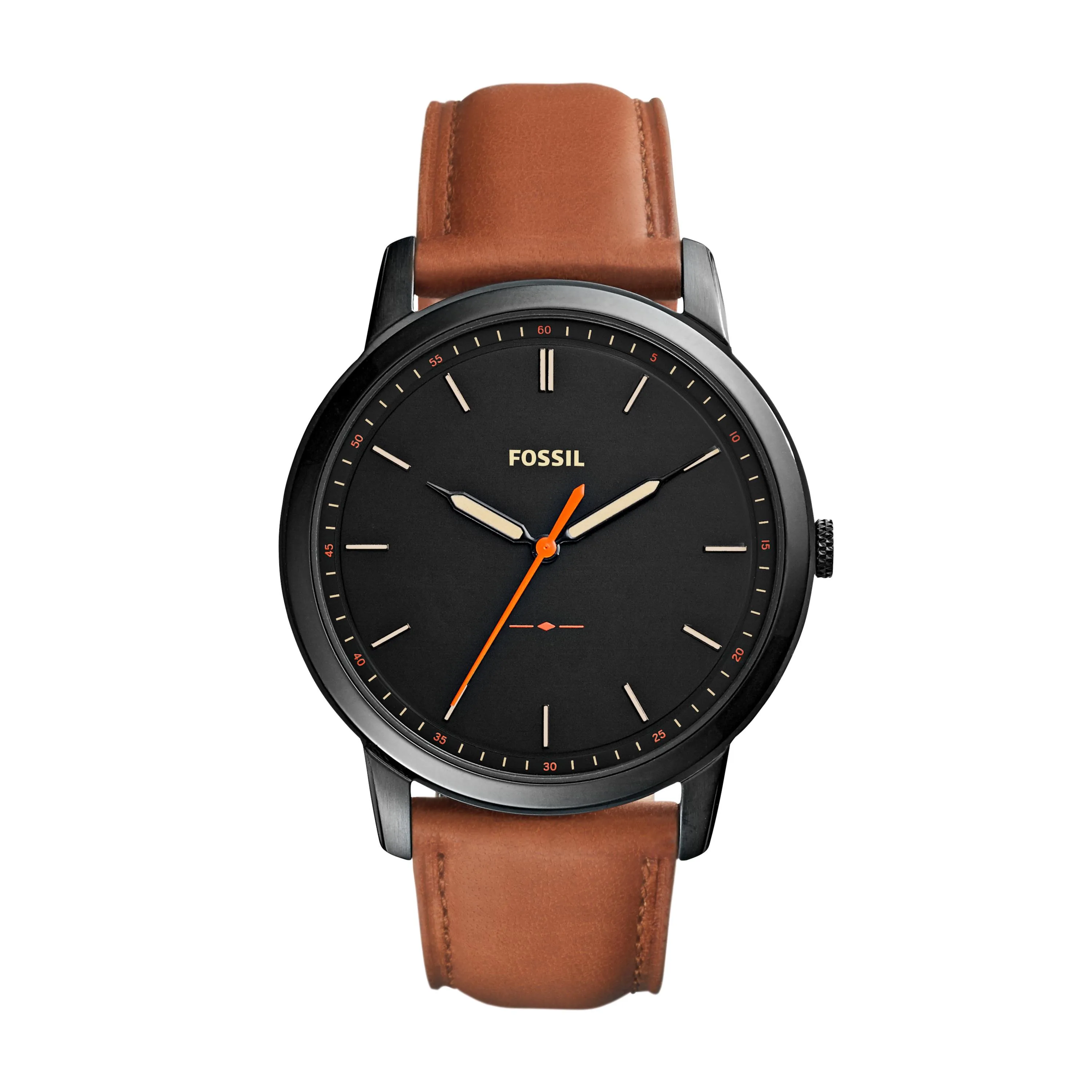 Fossil Mens Minimalist Light Brown Leather Strap Watch Black Dial
